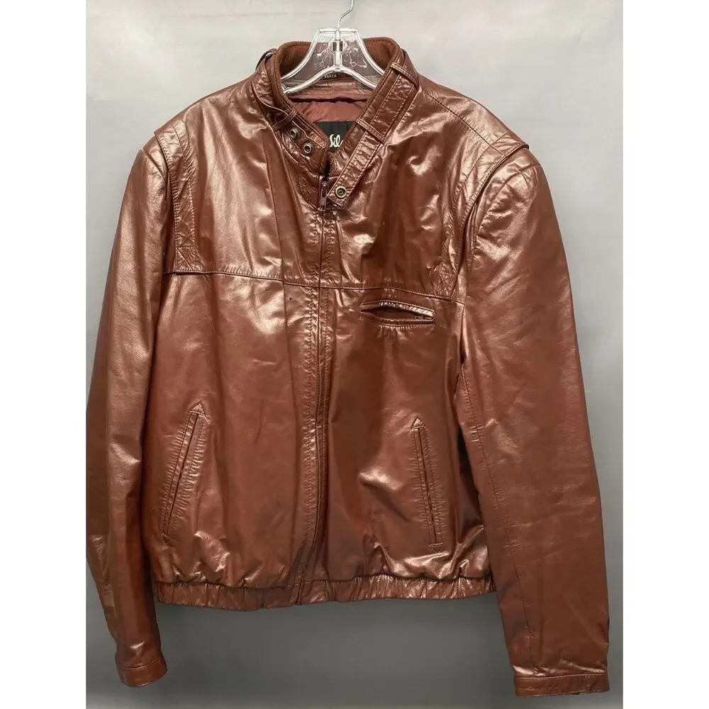 Vtg Wilsons 70s Cafe Racer Moto Leather Jacket Red/Brown Mens 48 XL Distressed